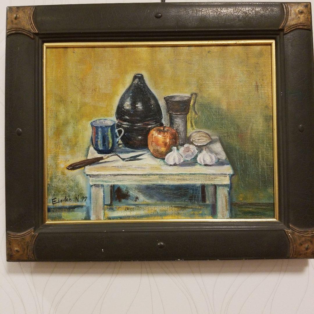 油絵 《赤い林檎のある静物》アンティークF6額付き