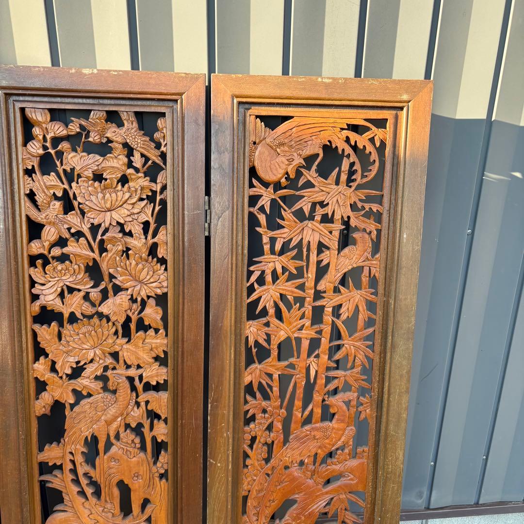 アンティーク 衝立 四面 透かし彫り パーテーション 木彫り 鶴 松 竹 花 鳥