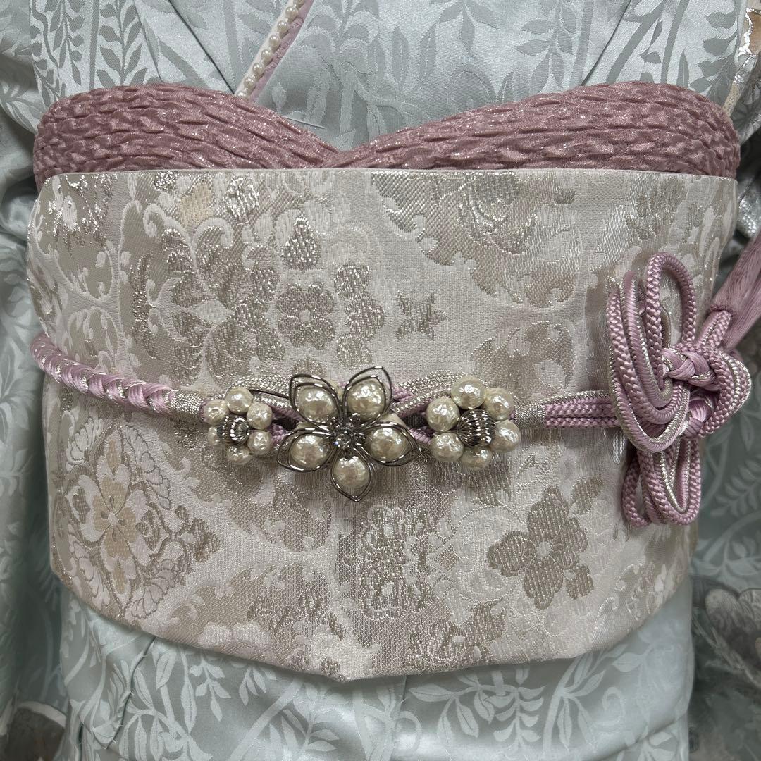 水色の牡丹や菊の上品な振袖フルセット(大きくお仕立て出来ます)