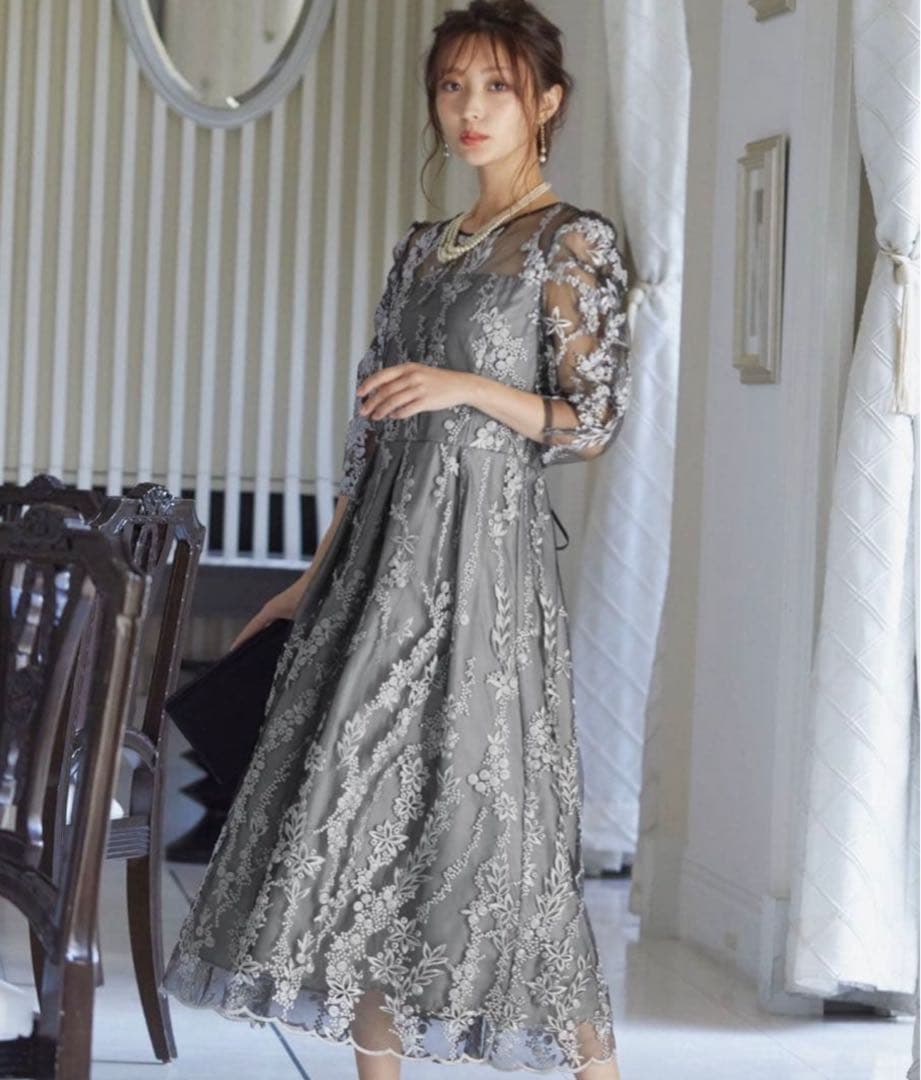 刺　レース　リボン　パーティー　結婚式　オケージョンドレス　黒　シルバー　グレー