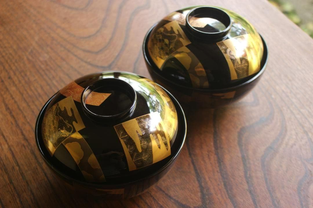 時代逸品！時代黒漆に極上短冊蒔絵の映えるお椀2点（検輪島塗蒔絵椀懐石椀