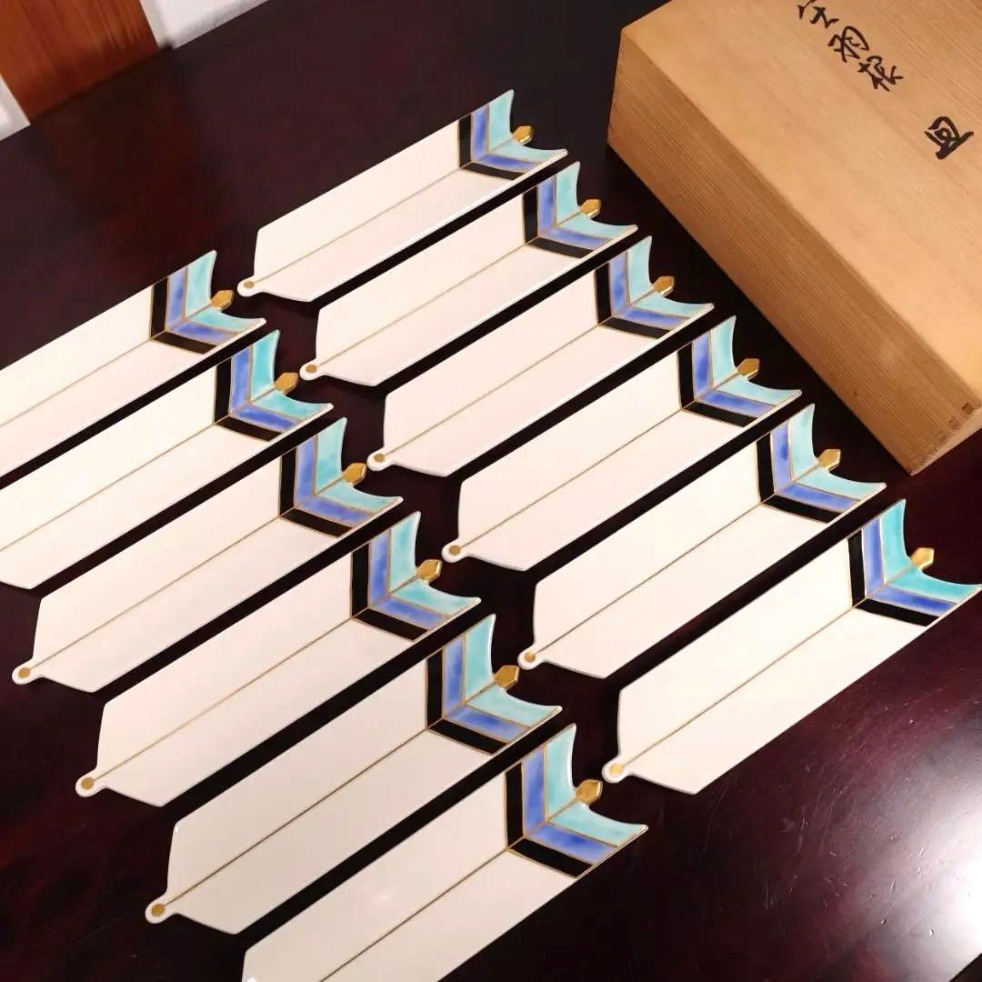 高級和食器 色絵 金彩 矢羽根文 長皿 板皿 12客 共箱