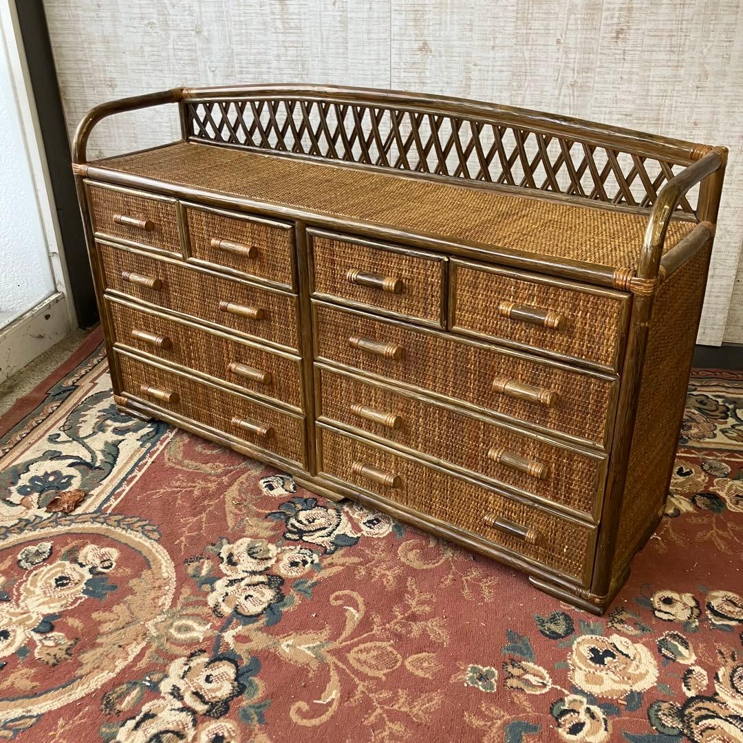 昭和レトロ ラタンサイドボード テレビ台 古家具 4段10杯 引き出し箪笥