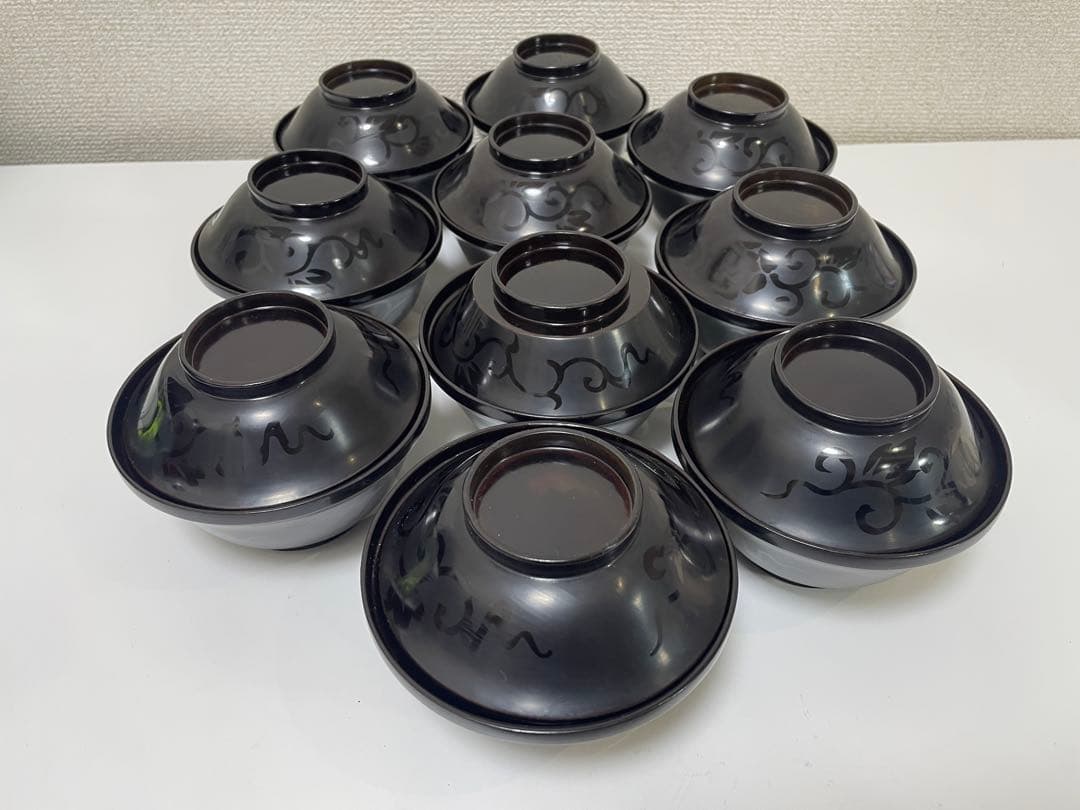 黒漆器 黒漆 内黒塗 漆器 吸物 懐石椀 煮物椀 10客 唐草柄 アンティーク