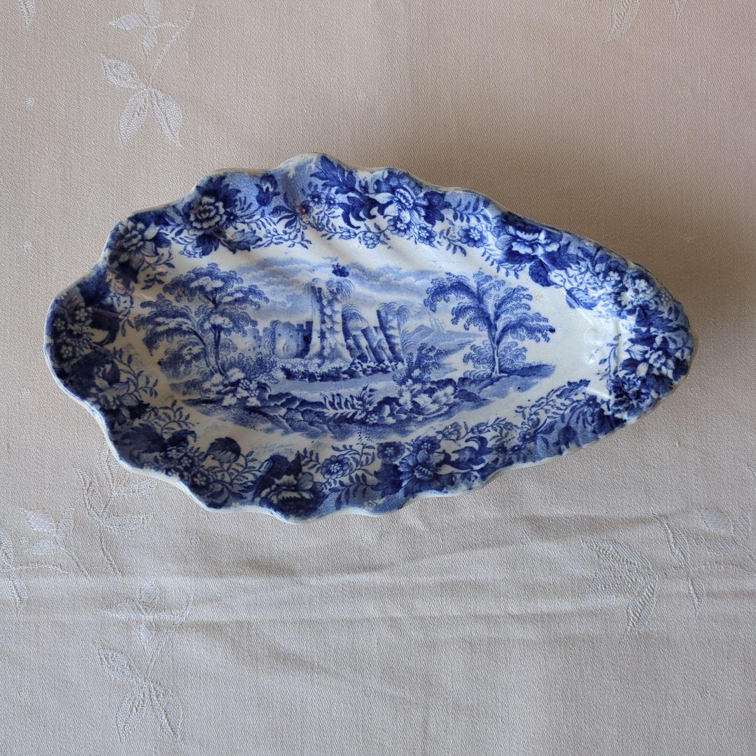 イギリスアンティーク アスパラガスプレート ブルー＆ホワイト