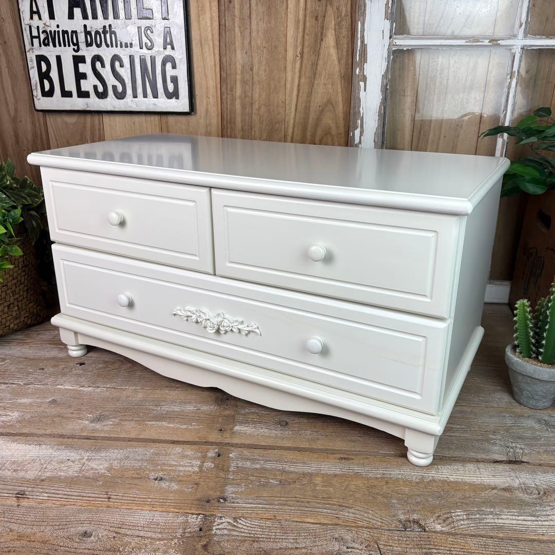 フレンチ調ホワイトチェスト横長木製収納家具姫系洋タンス飾り棚姫かわテレビ台TV台