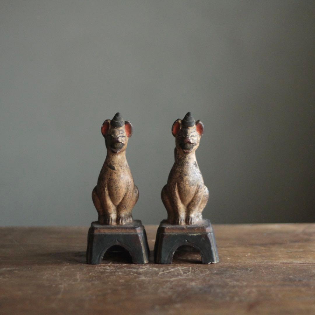 古い 土人形 お稲荷さん 一対 民芸 古道具 アンティーク オブジェ 御狐様