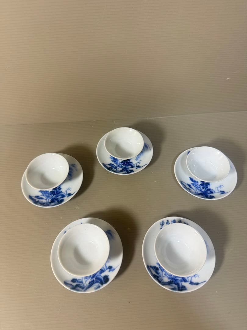 2439  染付青花　山水文 盃と下皿　5客セット