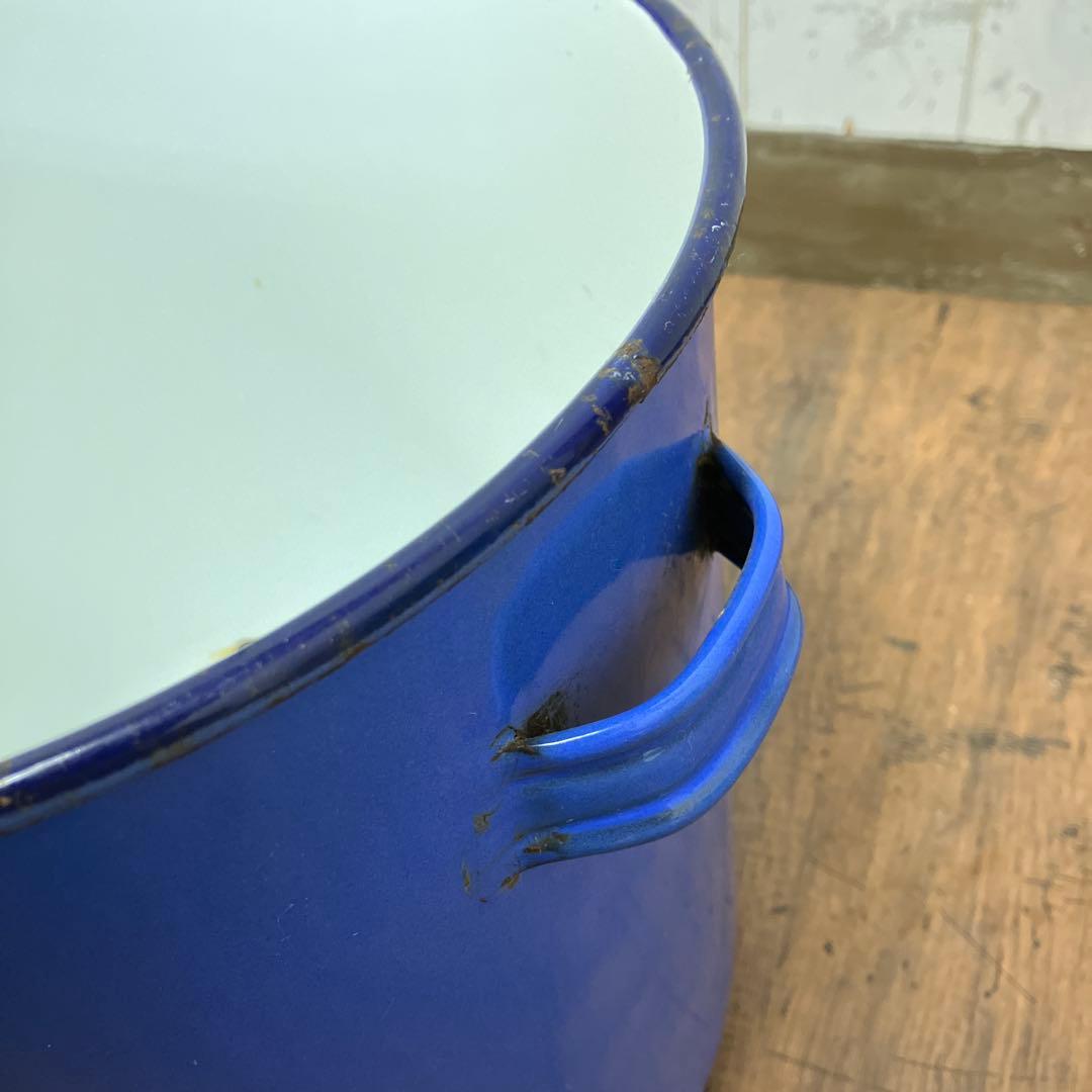 E-2 アンティーク 大型 ホーロー 鍋 バケツ ブルー 昭和レトロ ビンテージ