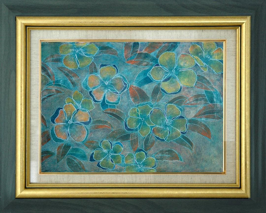 油絵 菅家令子 絵 絵画インテリア 額付(青緑＋金色の枠) F4-091716花