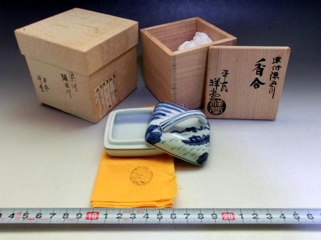 香合■染付隅田川 平安 祥堂 西四級目 桐共箱 お茶道具 古美術 時代物 骨董■