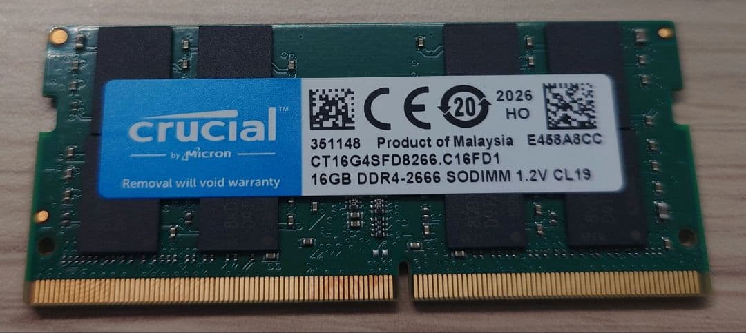 メモリー crucial 16GB DDR4 2666MHz SO-DIMM