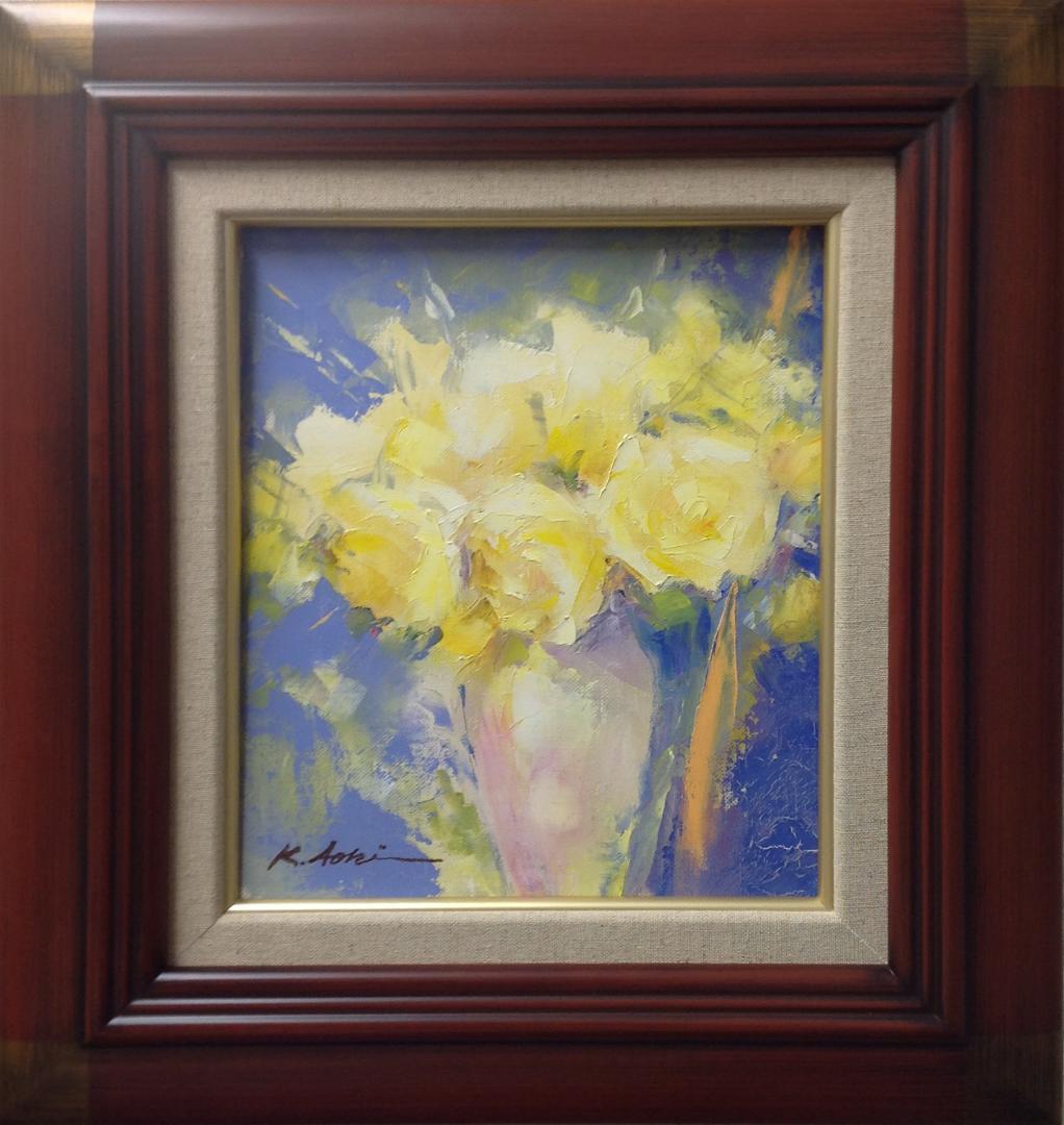 絵画 油絵 青木今陽 肉筆油絵 静物画 淡い色合の花々