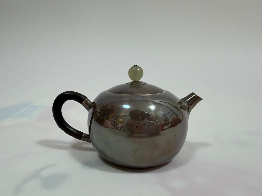 純銀製 丸形 玉石摘 急須 銀瓶 煎茶道具