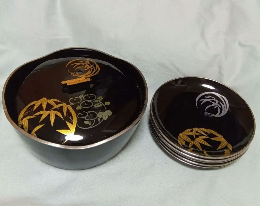 昭和レトロ 漆塗り 菓子器＆銘々皿５枚セット