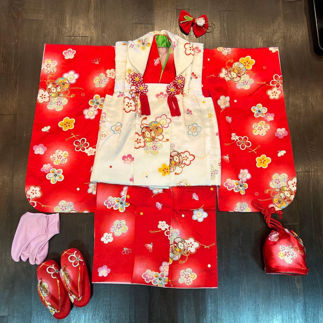 ラ*ン様 七五三 三歳 着物 被布 小物一式 フルセット 正絹 梅 鼓 肌襦袢付