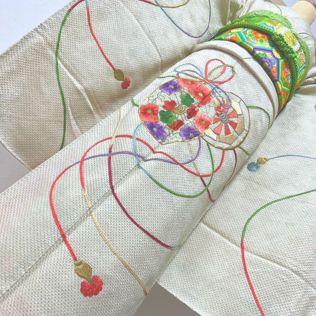 381 振袖フルセット 正絹 黄緑 グリーン 絞り 総刺繍 駒刺繍 レトロ