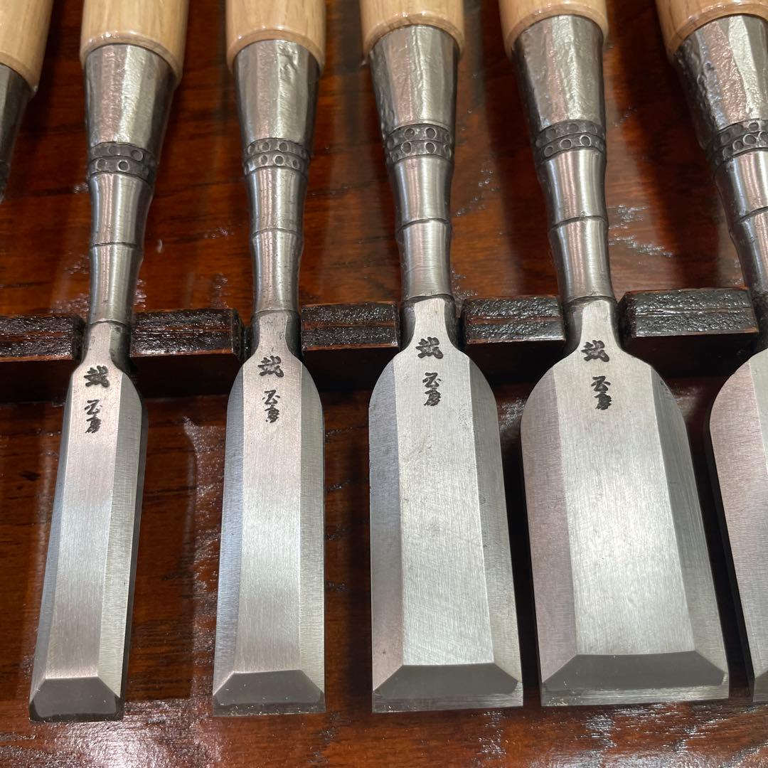 国慶作 竹節 追入鑿 10本組 壱組　白樫柄