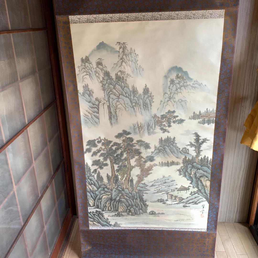 田中翠堂「彩山水」大幅掛軸 　掛け軸 絹本 山水図 掛軸