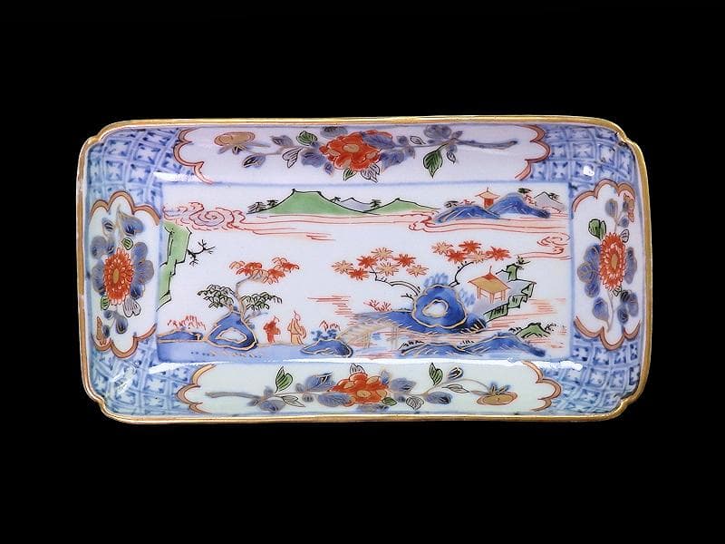 古伊万里　染錦　山水牡丹菊紋　長皿　柴田コレクション同手　E406AS-DBs