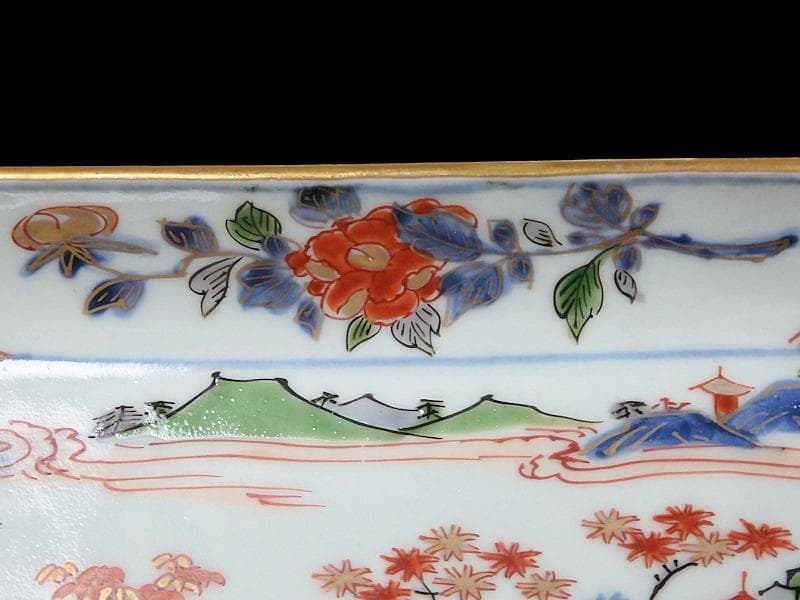 古伊万里　染錦　山水牡丹菊紋　長皿　柴田コレクション同手　E406AS-DBs