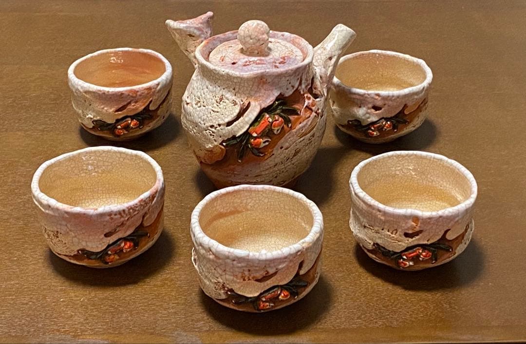 【希少！新品未使用】楽山焼　天神蟹煎茶器揃6点セット　急須　湯呑み　蟹細工　愛媛