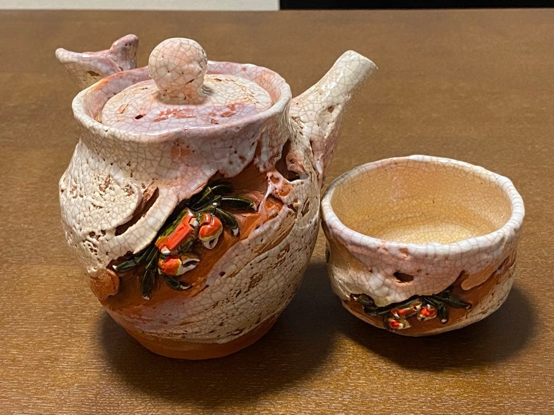 【希少！新品未使用】楽山焼　天神蟹煎茶器揃6点セット　急須　湯呑み　蟹細工　愛媛