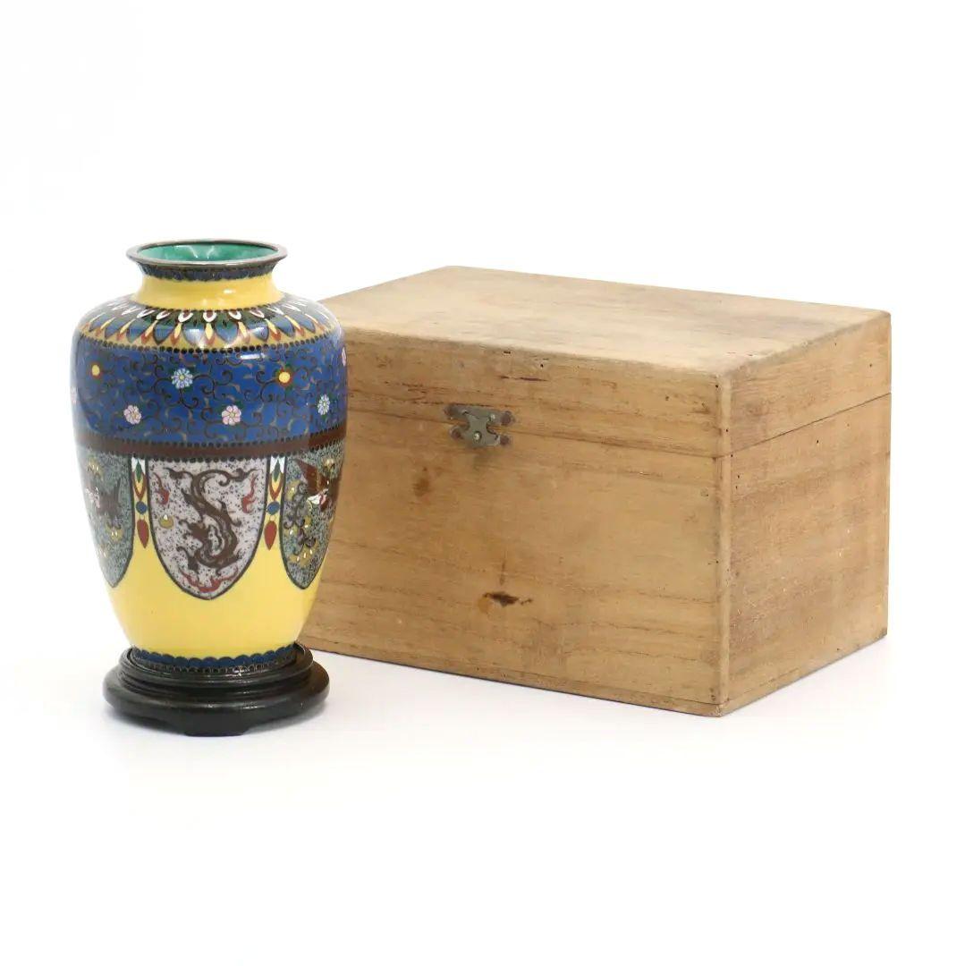 七宝焼 銀覆輪 唐草鳳凰龍図 花瓶 純銀刻印 唐木台座　V505　DC2