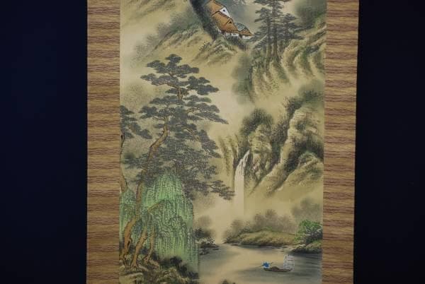 真作/耕/青緑山家図/桐共箱付/布袋屋掛軸HD-86