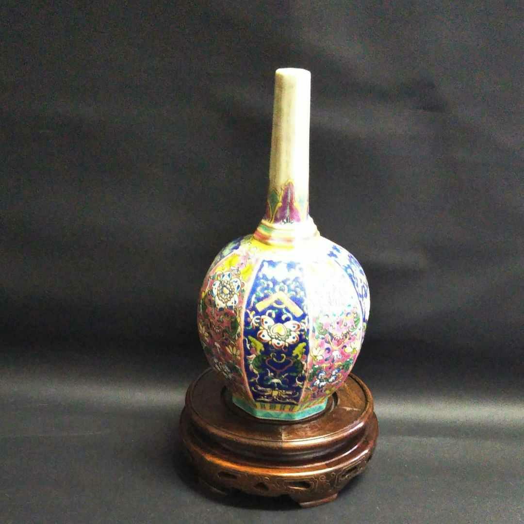 ※中国古美術/琺瑯花鳥紋八角長頸瓶/ (底款:大清乾隆年製)