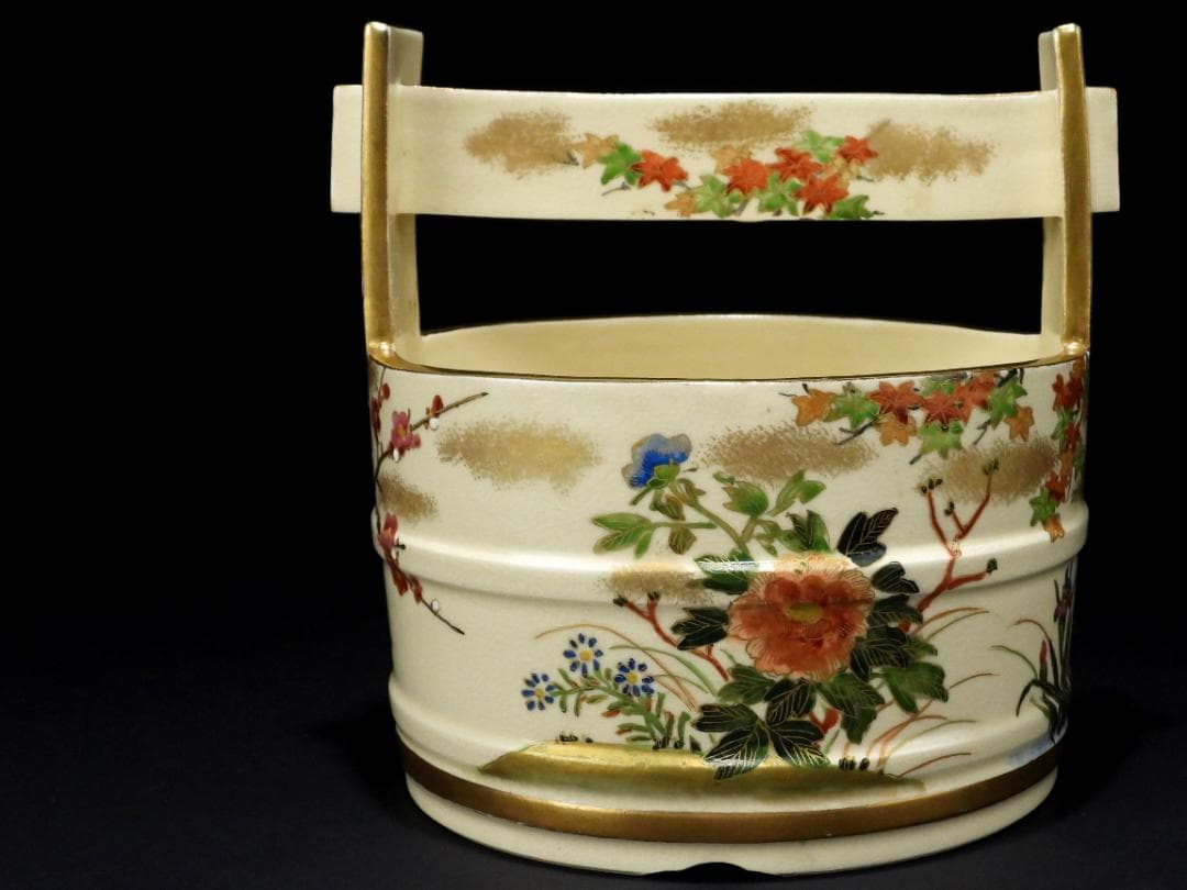 時代 薩摩焼 金彩色絵 花卉紋 手桶 水指 煎茶道具