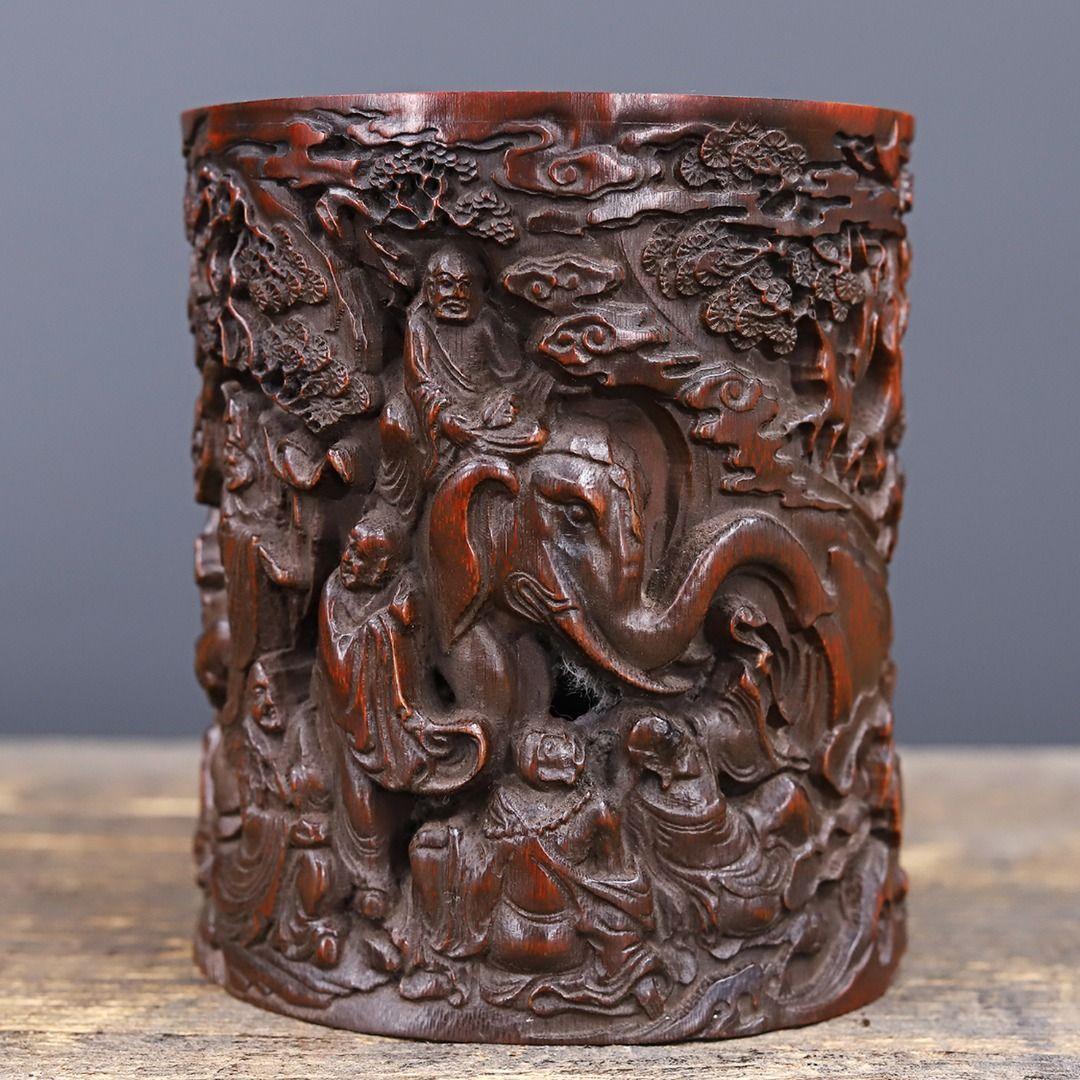 竹 彫刻 十八羅漢 筆箱 置物