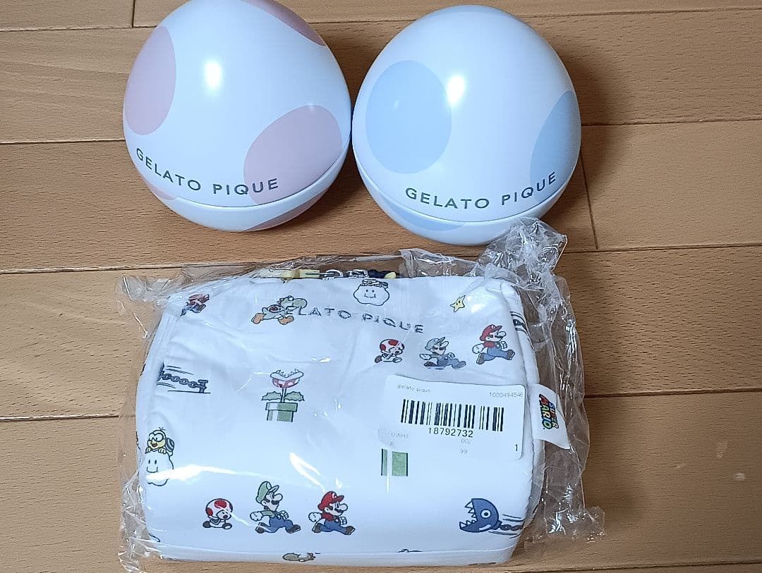 新品　ジェラートピケ　マリオポーチ＆ヨッシーハンドタオルピンク、ブルー3点セット