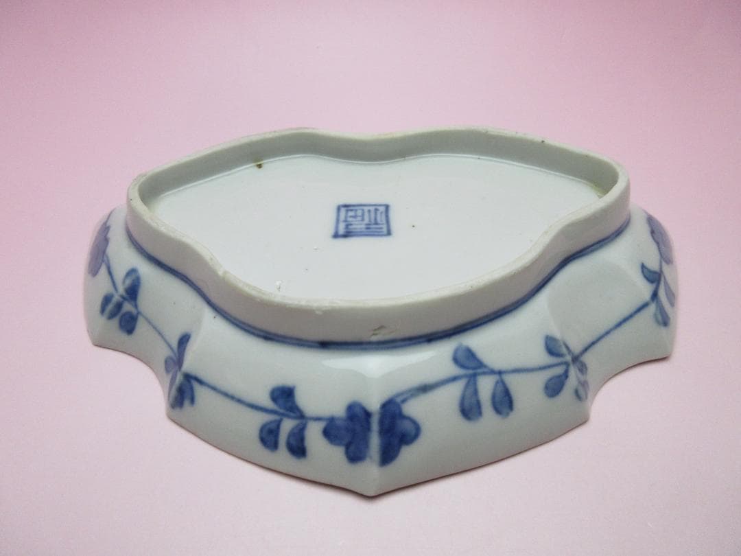 時代 染付 角福 鹿と紅葉模様 変形皿 3枚 61228