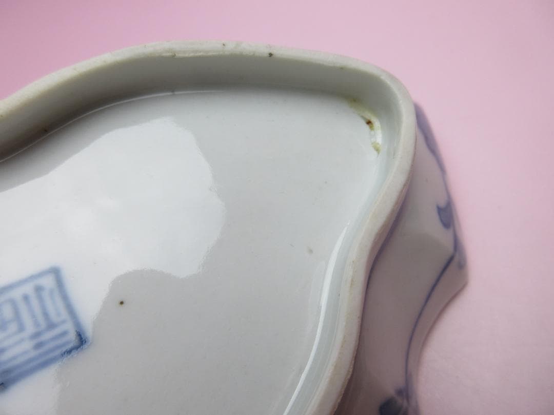 時代 染付 角福 鹿と紅葉模様 変形皿 3枚 61228