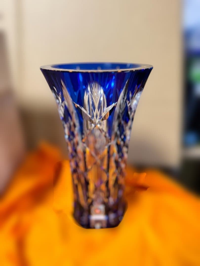 江戸切子　花瓶　青色カットガラス花器 木箱付き　新品未使用品