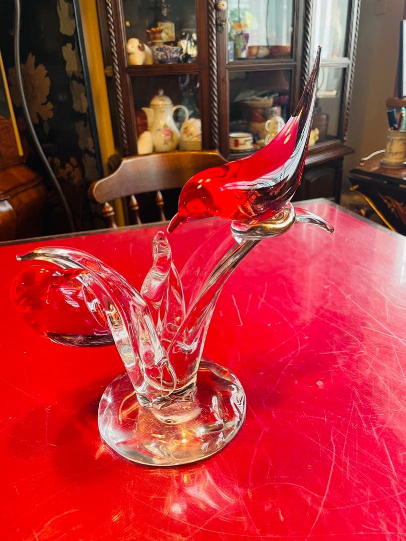 【美品】赤色　レッドガラス 小鳥　彫刻 置物　インテリア アンティーク