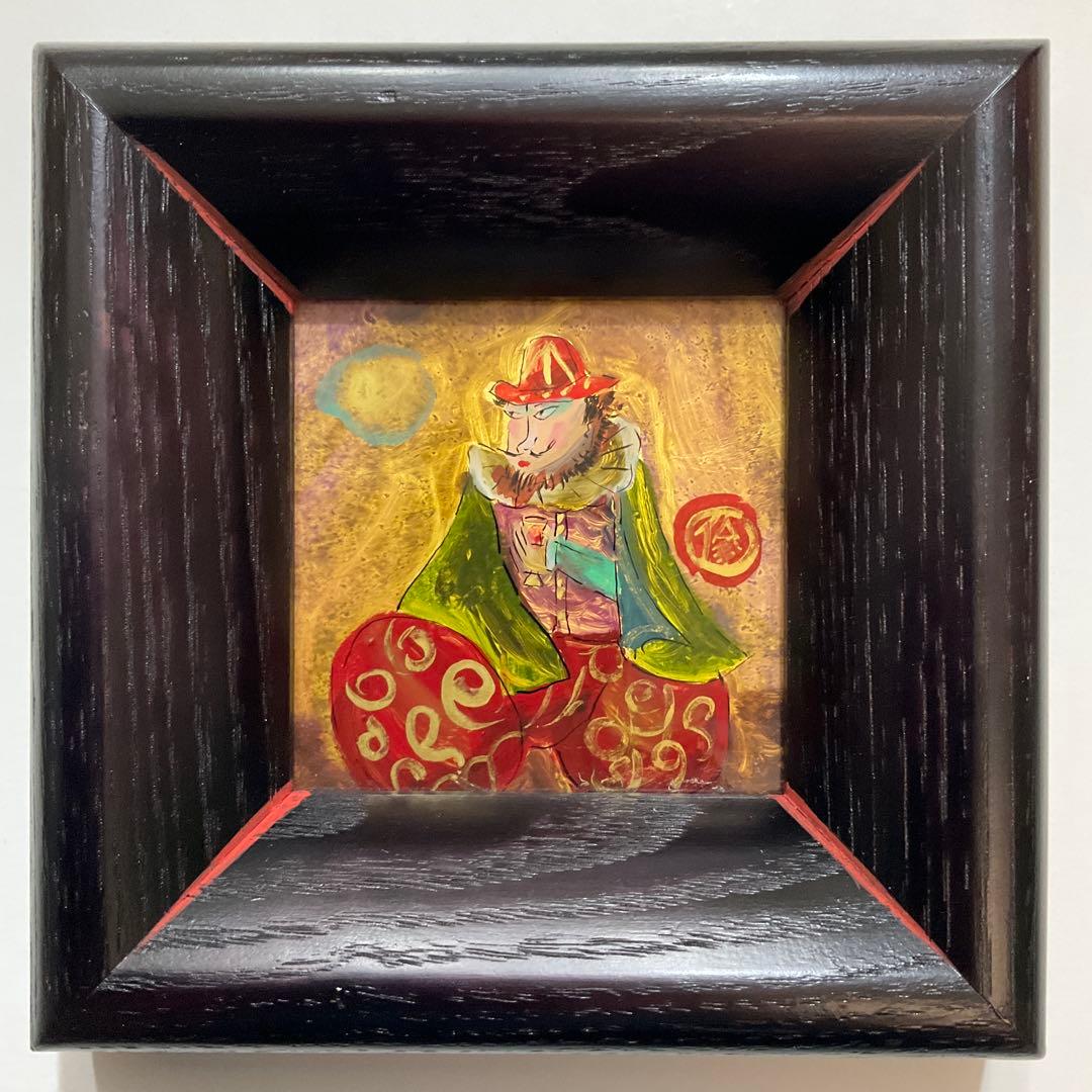 絵画・ガラス絵・渡辺俊明・月見南蛮人・芸術・額装・美術品・アンティーク・油彩