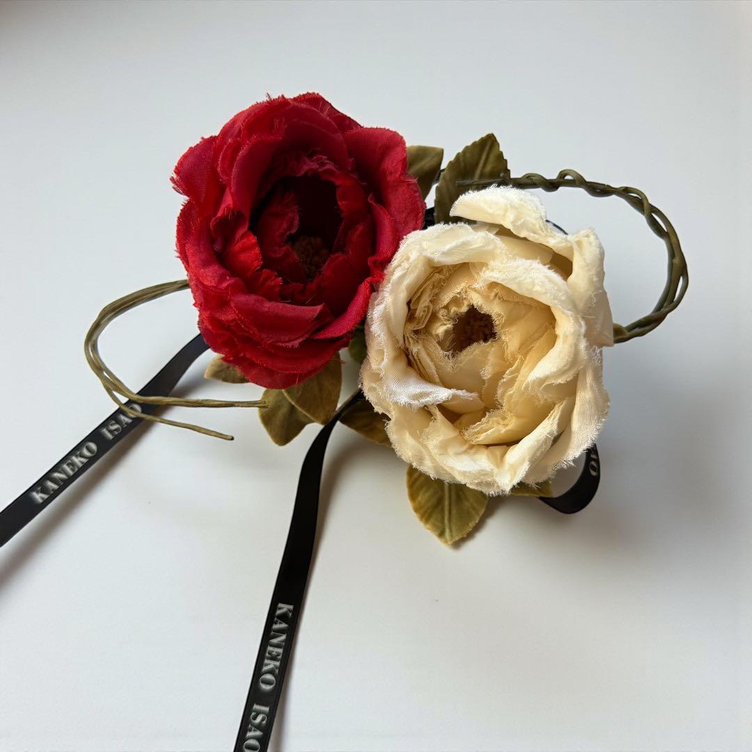 希少　カネコイサオ　ヴィンテージ　ローズコサージュ　２点セット　リボン　赤白
