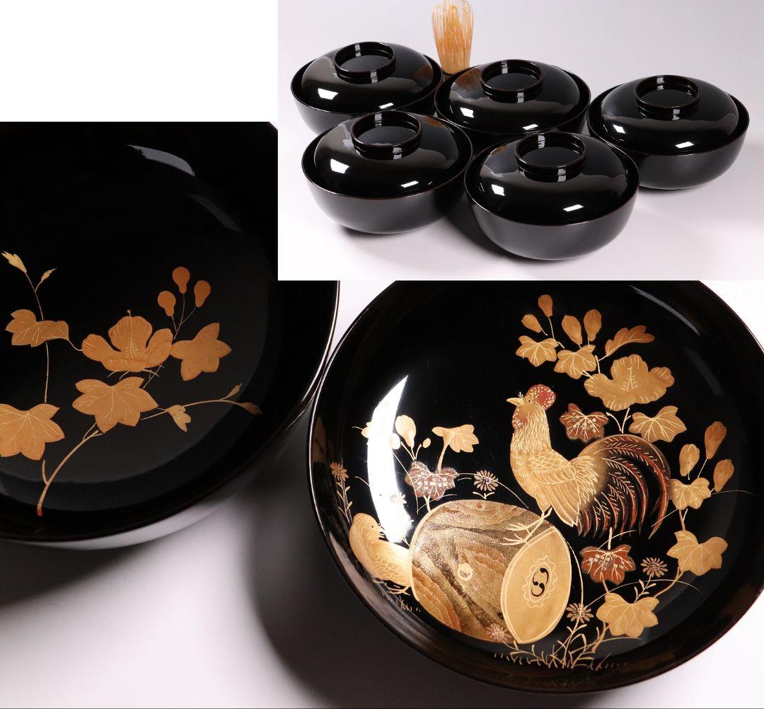 CL37 輪島塗 諫鼓鶏金蒔絵 黒塗椀 五客 木製漆器 鶏 太鼓 草花