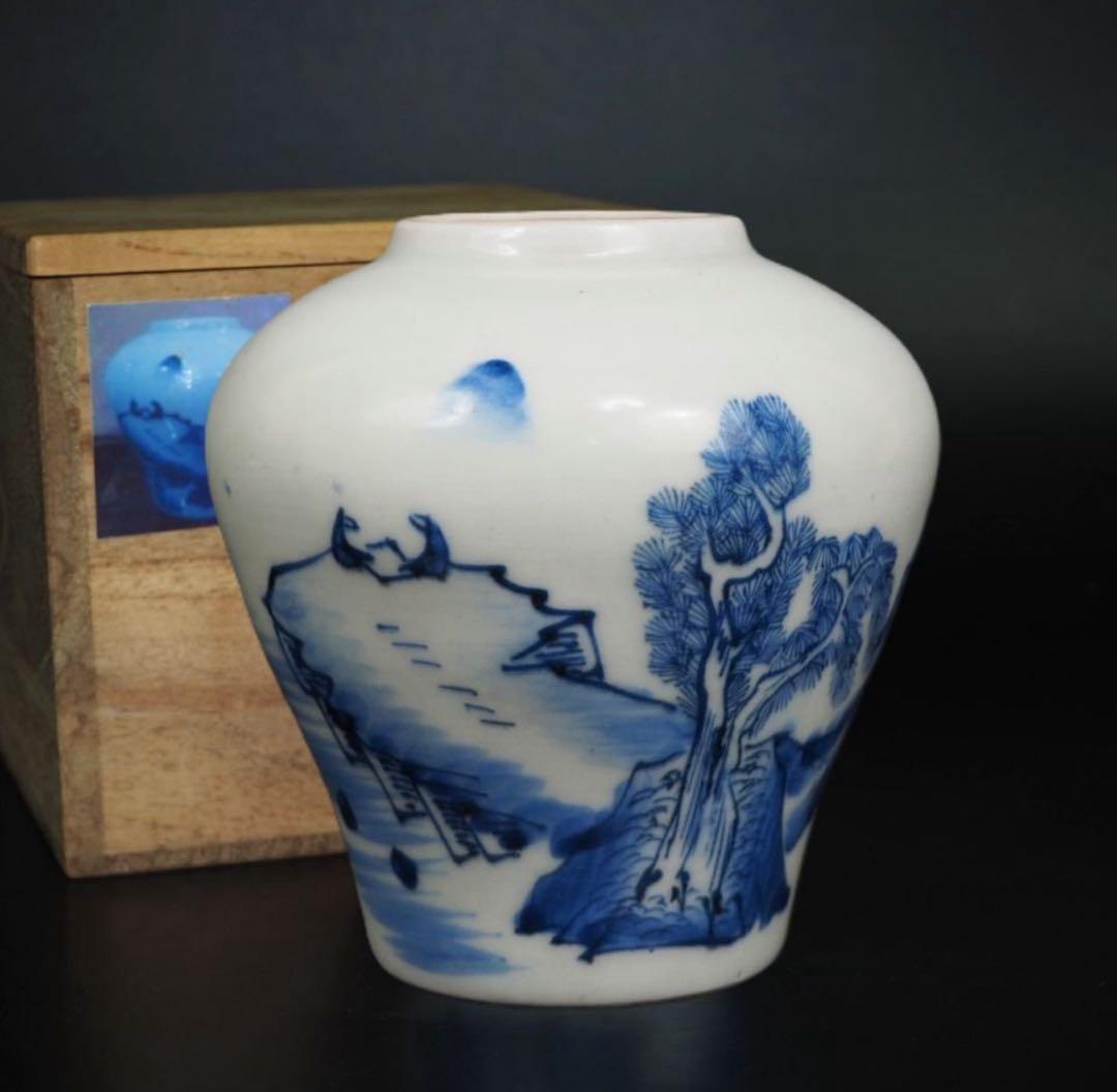 送料無料　旧家蔵出　江戸時代　山水高士図壺　木箱付