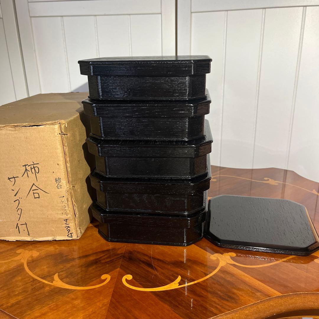 新品箱入 茶道具 柿合 一ヶ折重 縁高 5重 サン蓋付 重箱 菓子器 天然木