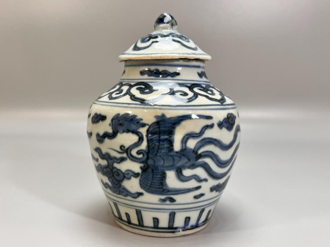 中国美術 青花鳳紋蓋罐 將軍罐 高 14.5cm 明