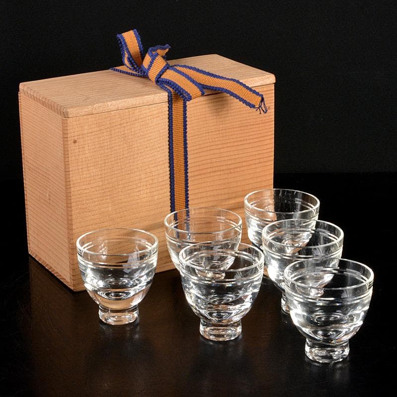 クリスタルガラス　冷酒グラス　酒杯　煎茶器　6客　桐箱付　V　6238