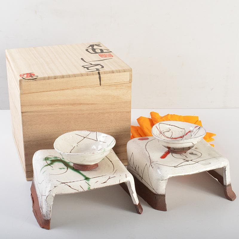 萬古焼　馬酔木窯　森正造　色絵　盃卓　一對　共箱　V　R7428