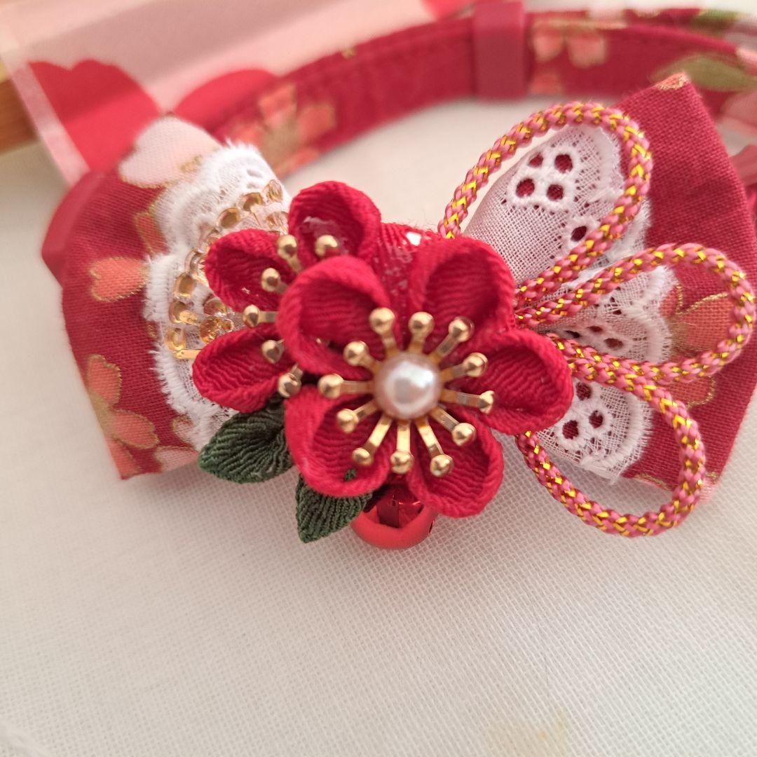 お正月、つまみ細工シングルリボン(赤①)わんちゃん猫ちゃん用首輪