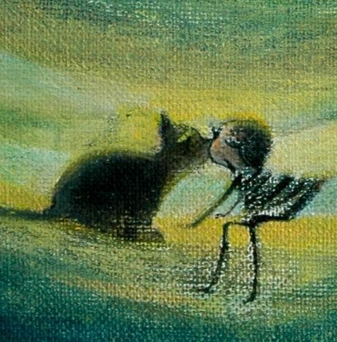 油絵 菅家令子 絵 絵画 インテリア 額付(白) F3-031119子猫と女の子