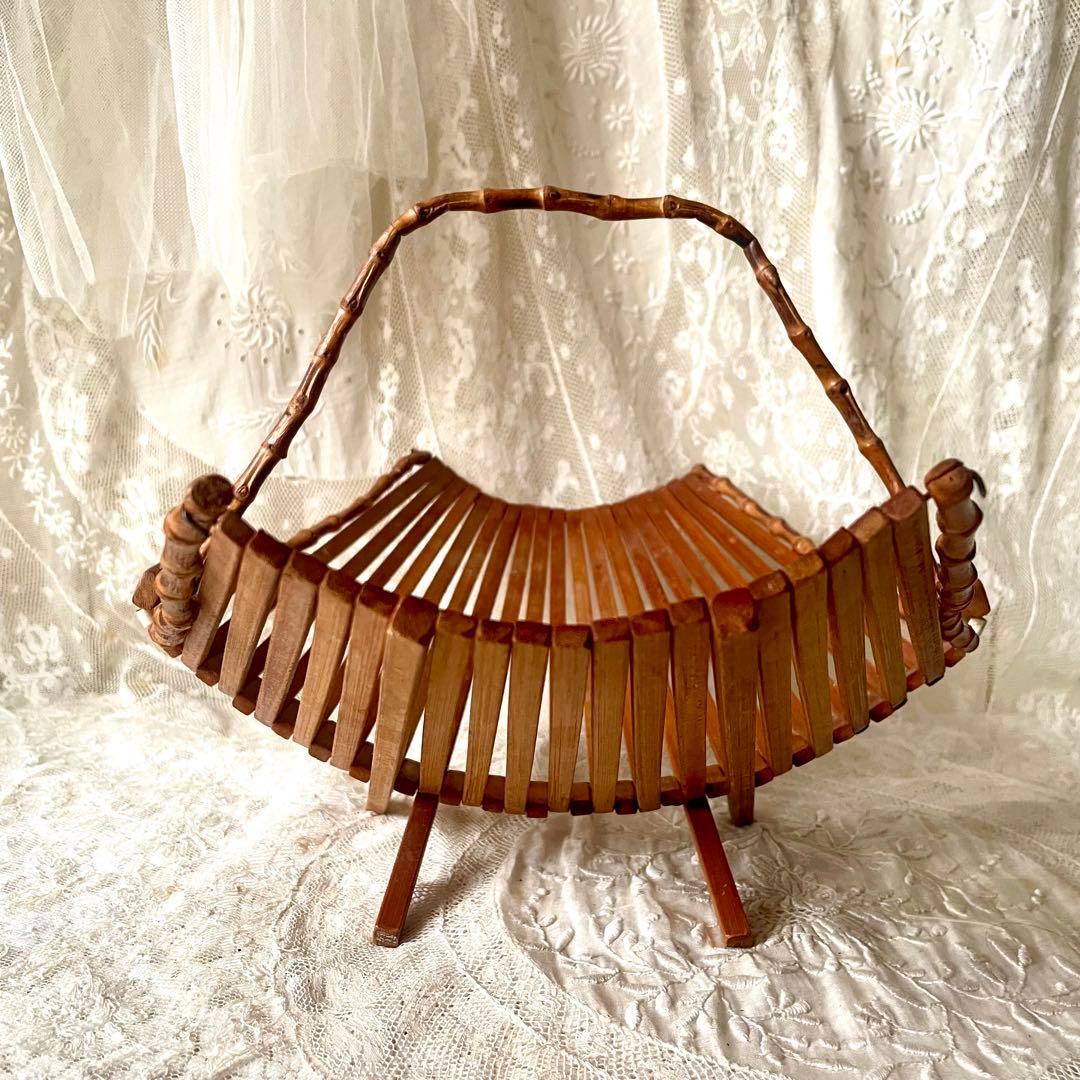 折り畳み式バンブーバスケット　パニエ　竹　北欧ヴィンテージ　デンマークかごカゴ籠