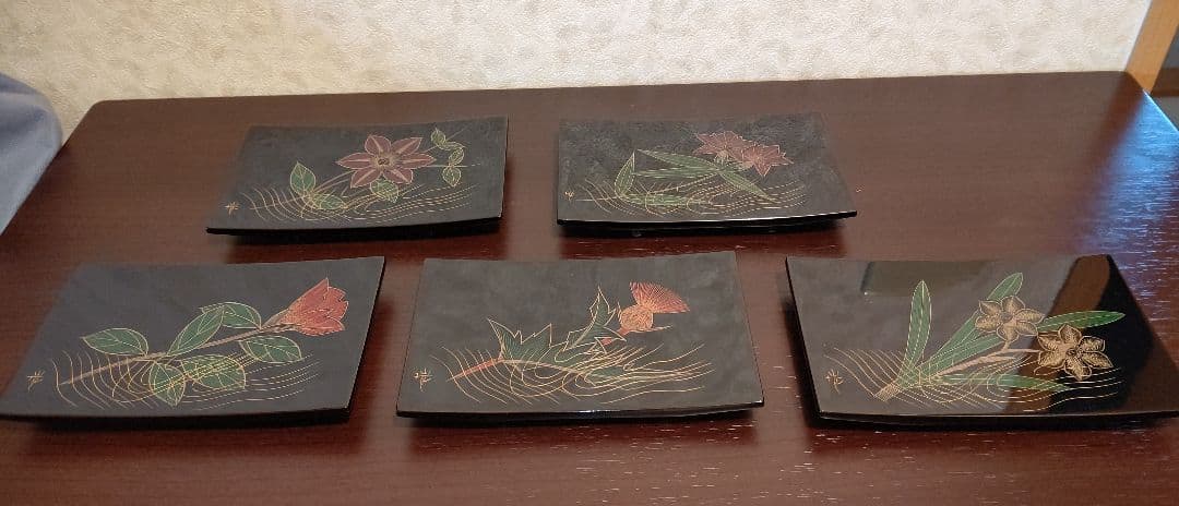 象嵌 絵変 銘々皿 5客 角野岩次 沈金 四角 黒 脚付き